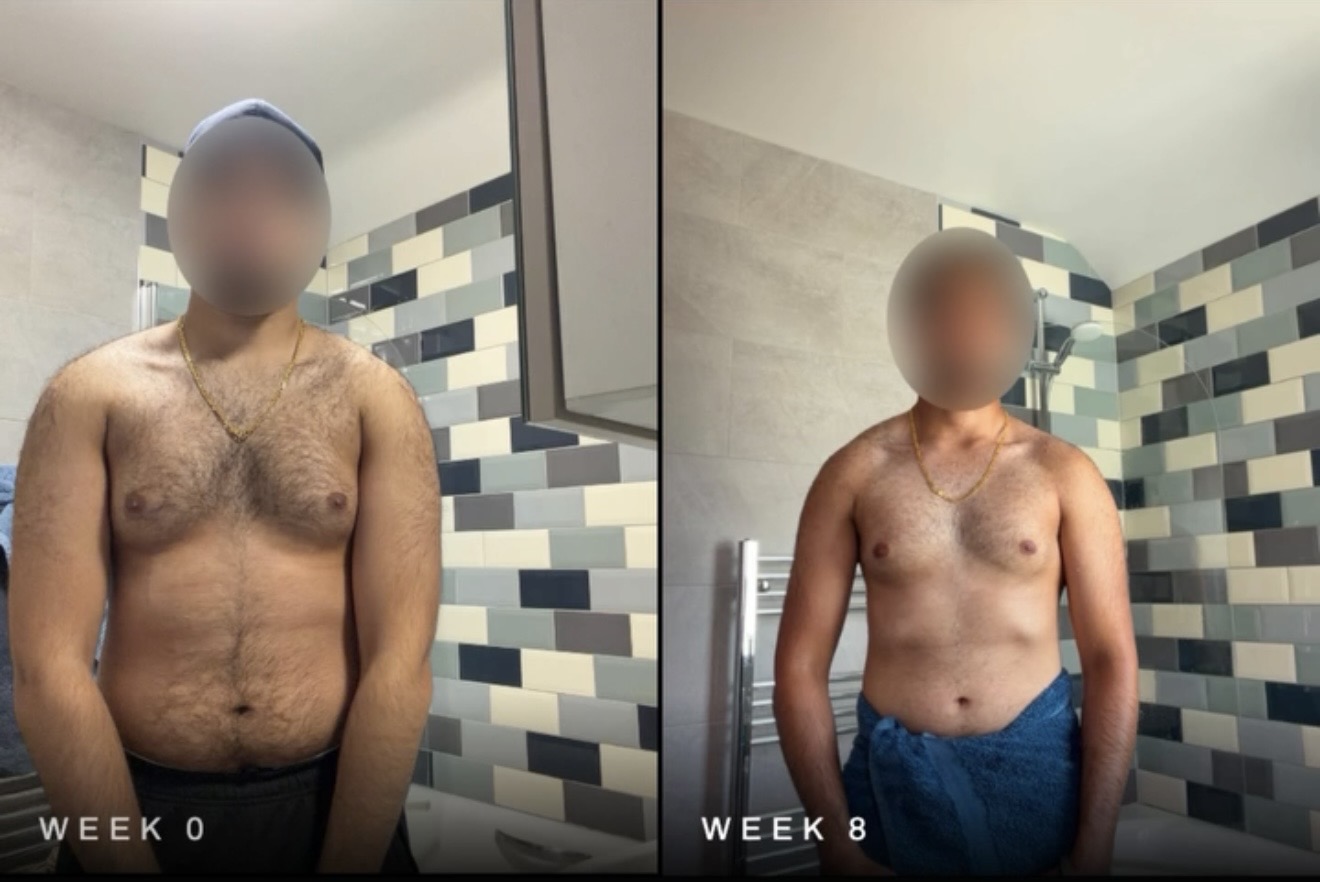Client progress photographs labelled week zero and week eight